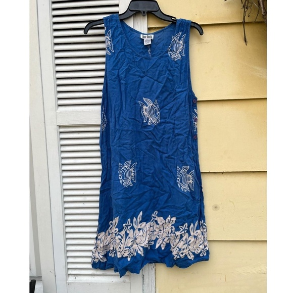 90s boho blue and white tank top dress, buttons on side - Picture 1 of 4